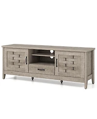 Sugift Farmhouse Tv Stand for 65 Inch TVs with 2 Woven Accent Doors and 3 Adjustable Shelves-Oak