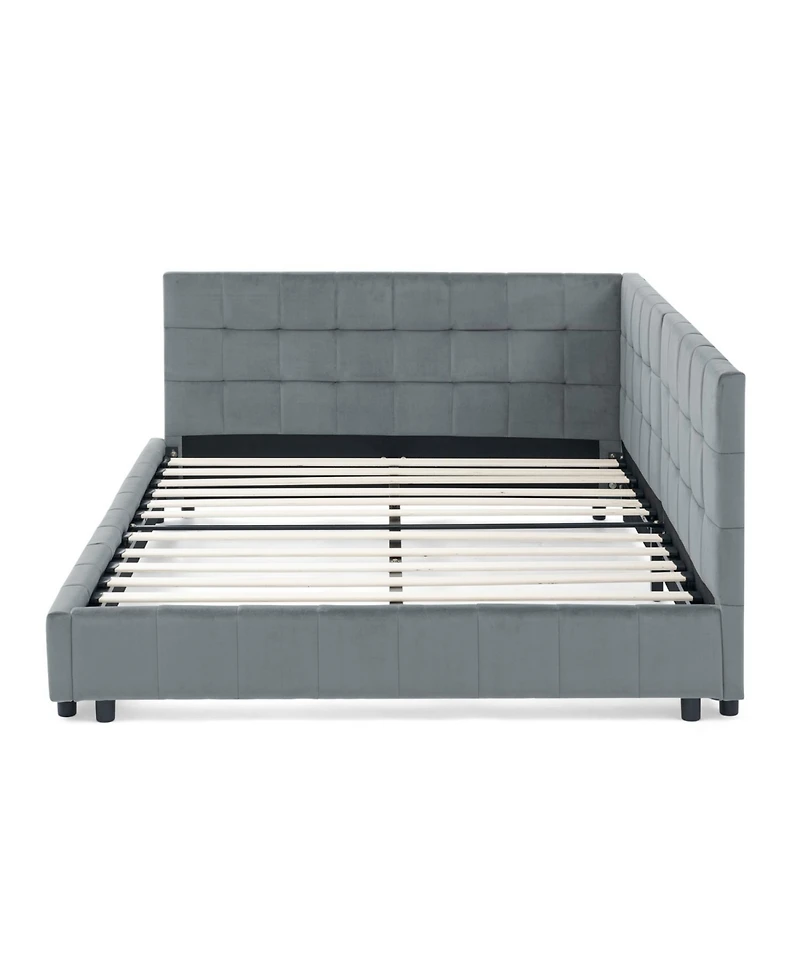 Rainsken Full Daybed L-Shaped, Modern Velvet Upholstered Sofa Day Bed, with Wood Slats, for Living Room Bedroom Guest Room, No Box Spring Needed