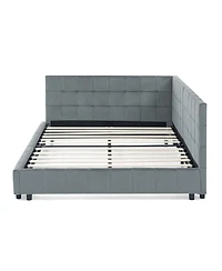 Rainsken Full Daybed L-Shaped, Modern Velvet Upholstered Sofa Day Bed, with Wood Slats, for Living Room Bedroom Guest Room, No Box Spring Needed