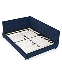 Rainsken Full Daybed L-Shaped, Modern Velvet Upholstered Sofa Day Bed, with Wood Slats, for Living Room Bedroom Guest Room, No Box Spring Needed