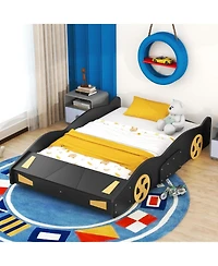 Rainsken Race Car Shaped Platform Bed, with Wheels and Storage, Wood Bed Frame, No Box Spring Needed, Easy Assembly
