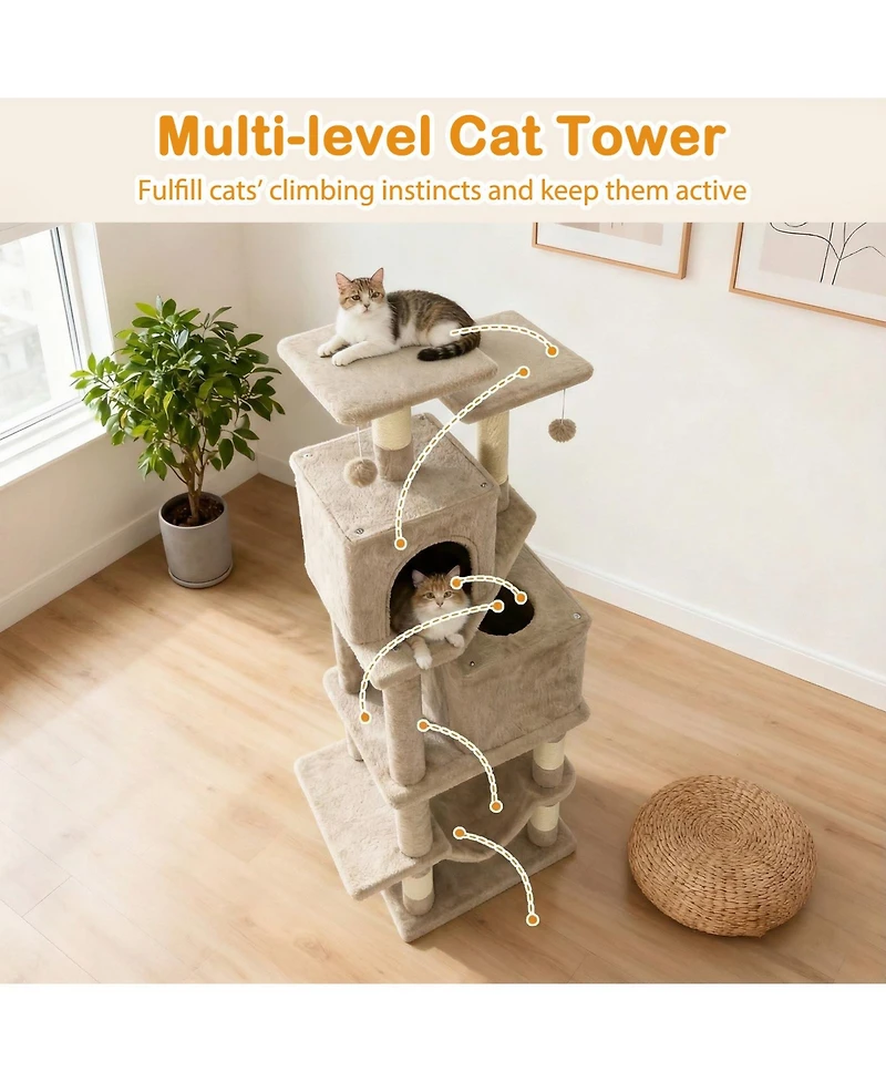 Cozito Cat Tree 57 inch with Dual Condos Hammock and Dangling Balls