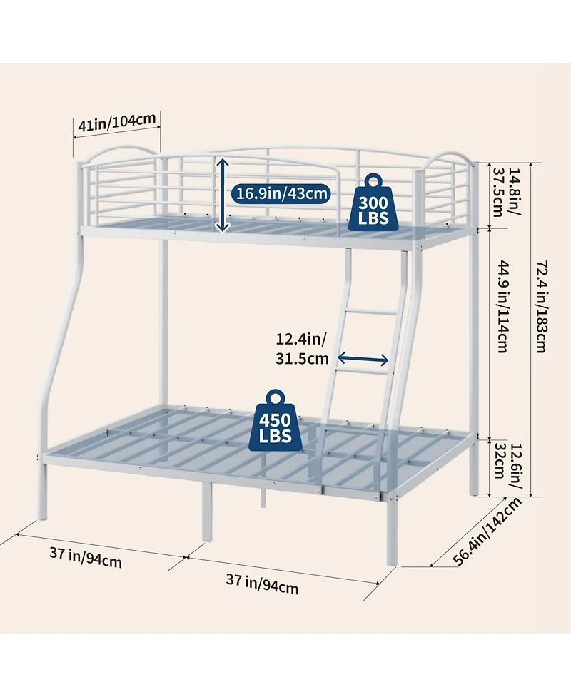 gaomon Twin Over Full Bunk Bed, Metal Beds with Ladder and Guardrail,Heavy Duty Space Saving Design,Smooth Rounded Edges
