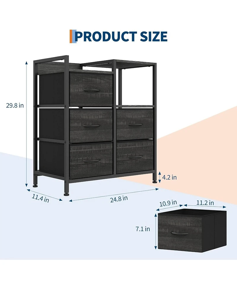 gaomon Lateral File Cabinet with 5 Fabric Drawers - 24.8" Filing Cabinet, Rustic Printer Stand, Cabinet