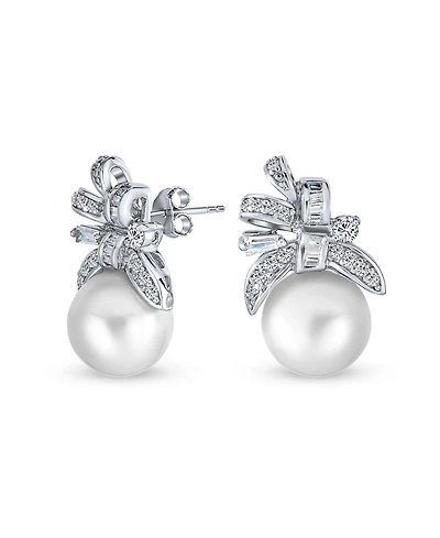 Bling Jewelry Victorian Style Cz Ribbon White Pearl Bow Stud Earrings .925 Sterling Silver