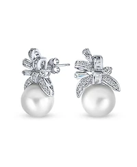Bling Jewelry Victorian Style Cz Ribbon White Pearl Bow Stud Earrings .925 Sterling Silver