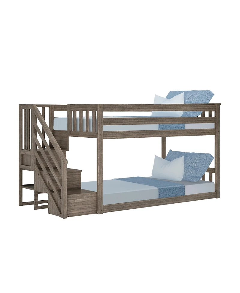 Max & Lily Solid Wood Low Bunk Bed for Kids with Staircase