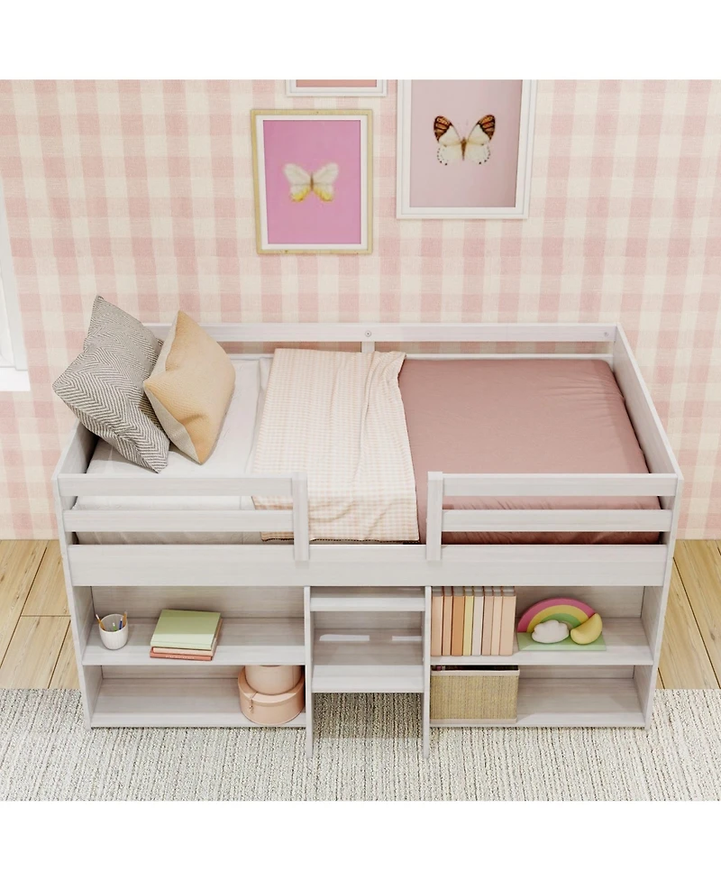 Max & Lily Solid Wood Modern Farmhouse Low Loft Bed, Bed Frame for Kids with 2 Bookcases