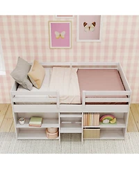 Max & Lily Solid Wood Modern Farmhouse Low Loft Bed, Bed Frame for Kids with 2 Bookcases