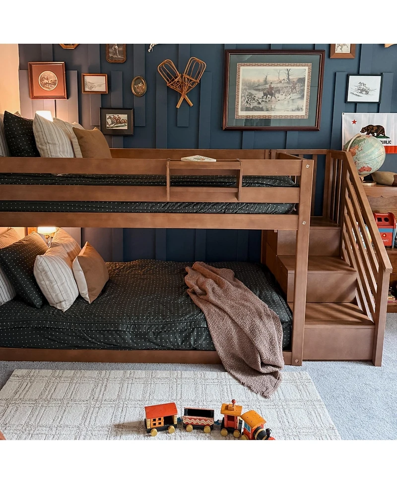 Max & Lily Solid Wood Low Bunk Bed for Kids with Staircase