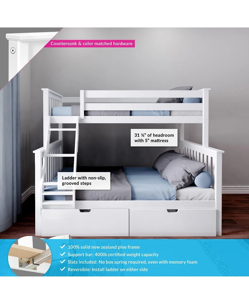 Max & Lily Solid Wood Bunk Bed with Storage Drawers and Ladder for Kids