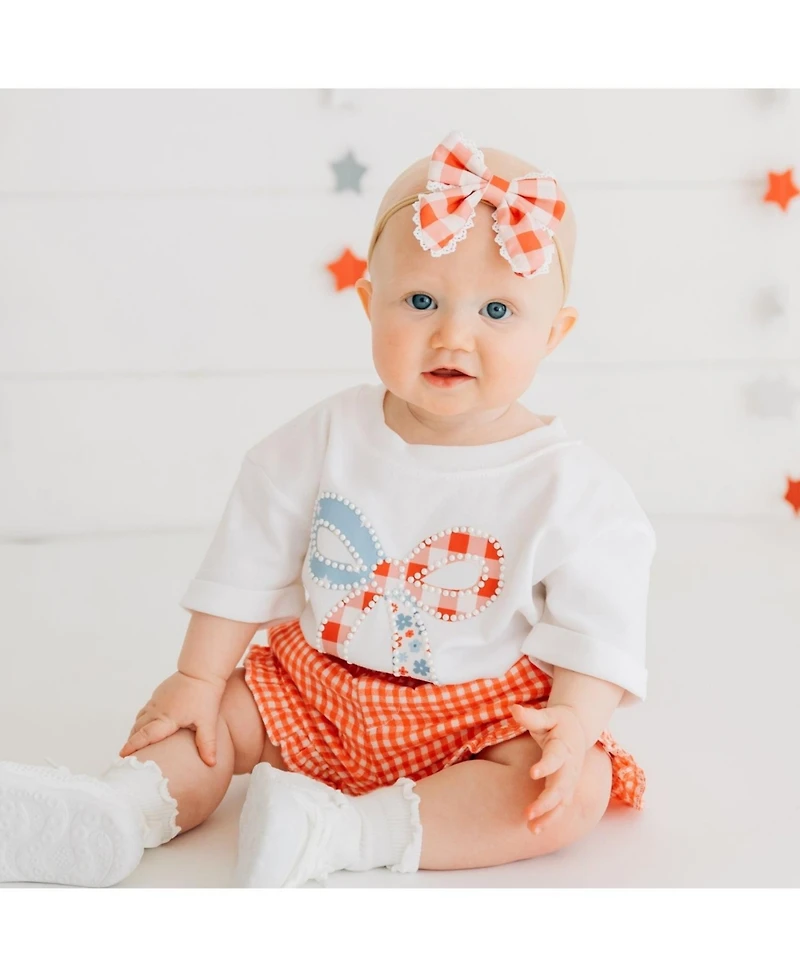 Sweet Wink Baby Girls Patchwork Bow Patch Short Sleeve Romper