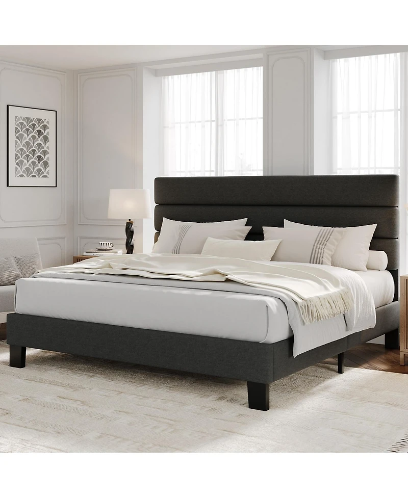 gaomon Linen Upholstered Bed Frame with Adjustable Headboard, Heavy Duty Support