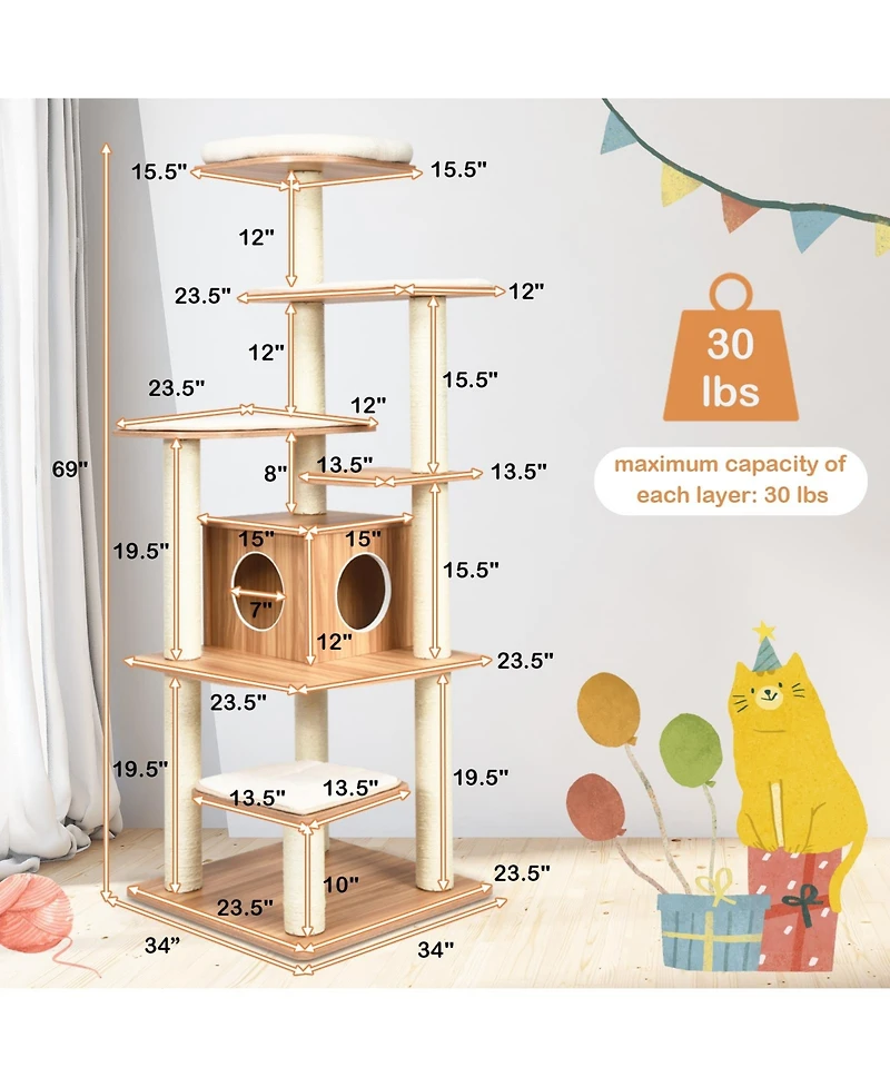Cozito Cat Tree 7-Layer Wooden Tower with Sisal Posts and Condo