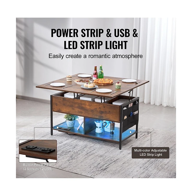 Sugift Lift Top Coffee Table with Usb Charging, Led Ambient Light, and Hidden Storage