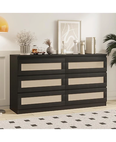 gaomon 6 Drawer Rattan Dresser for Bedroom, Double Wood Chest of Drawers Tv Stand