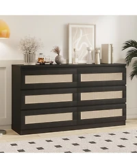 gaomon 6 Drawer Rattan Dresser for Bedroom, Double Wood Chest of Drawers Tv Stand