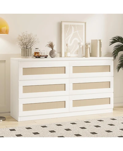gaomon 6 Drawer Rattan Dresser for Bedroom, Double Wood Chest of Drawers Tv Stand