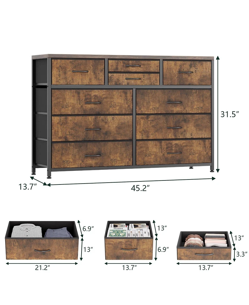 gaomon Wide 10 Drawer Fabric Dresser Tv Stand, Steel Frame Storage Chest with Wood Top
