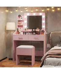 Homfan Modern Vanity Desk with Mirror, Led Lights, Power Outlet, Usb Ports, 2 Drawers, 3 Lighting Modes, Stool, Hairdryer Holder, Bedroom Makeup Table