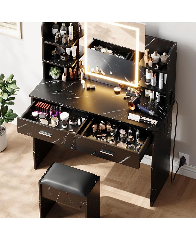 Homfan Makeup Vanity Desk with Mirror and Led Lights, 6 Storage Shelves, 2 Drawers, Cushioned Stool, Built-in Power Outlet, Dressing Room Table Set