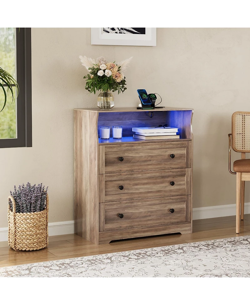 gaomon 3 Drawer Tall Dresser with Led Lights and Charging Station, Wood Storage Cabinet Nightstand