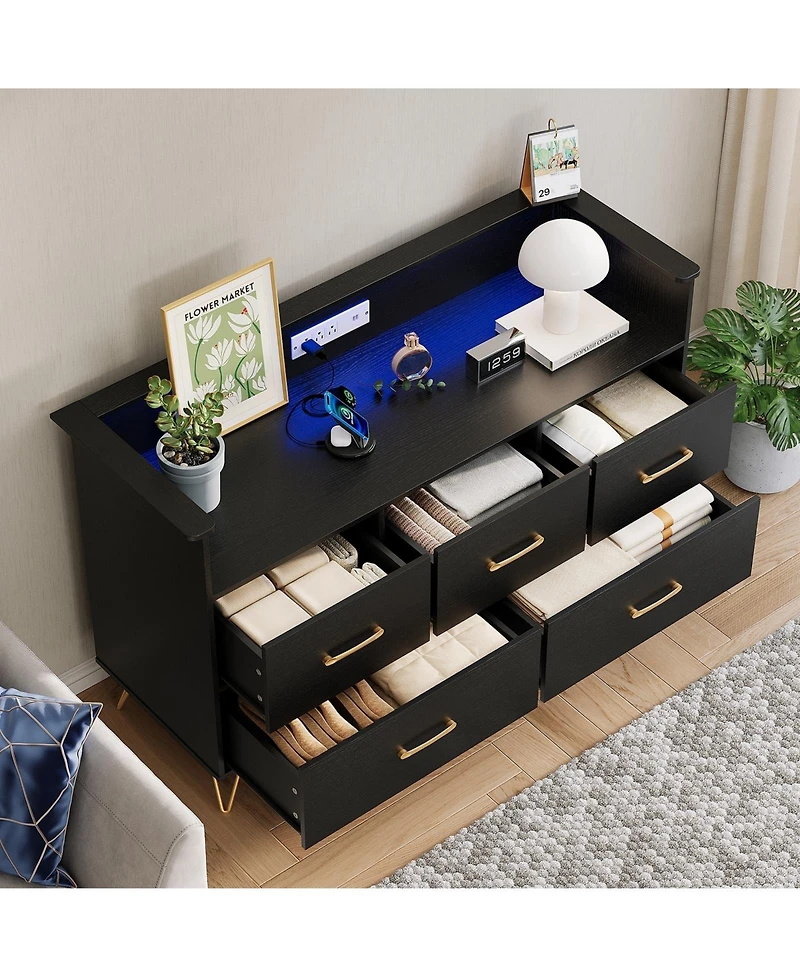 gaomon 47" 5 Drawer Dresser with Led Lights and Charging Station, Wood Storage Cabinet for Bedroom