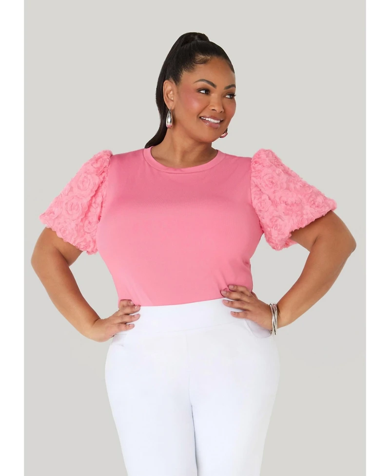 Ashley Stewart Women's Rosette Puff Sleeved Top