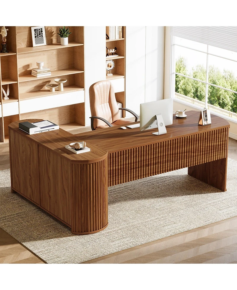 Tribesigns 1 Piece Fluted Engineered Wood L Shaped Executive Desk with Filing Cabinet, Storage Shelves and Privacy Panel
