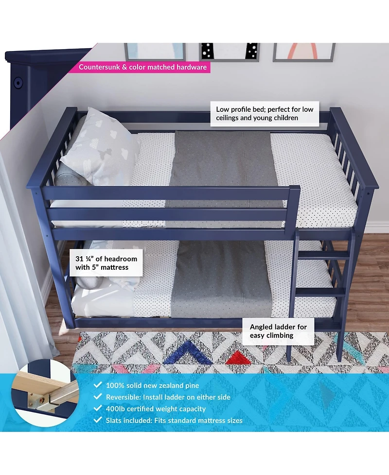Max & Lily Bunk Bed for Kids, Solid Wood Low Beds with Ladder