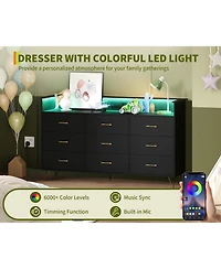 gaomon 9 Drawer Wood Dresser with Led Lights and Charging Station, App Controlled Storage Cabinet