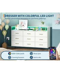 gaomon 9 Drawer Wood Dresser with Led Lights and Charging Station, App Controlled Storage Cabinet