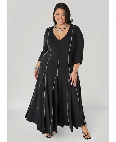 Ashley Stewart Women's Plus Ruched Sleeve Seamed Maxi Dress