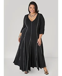 Ashley Stewart Women's Plus Ruched Sleeve Seamed Maxi Dress