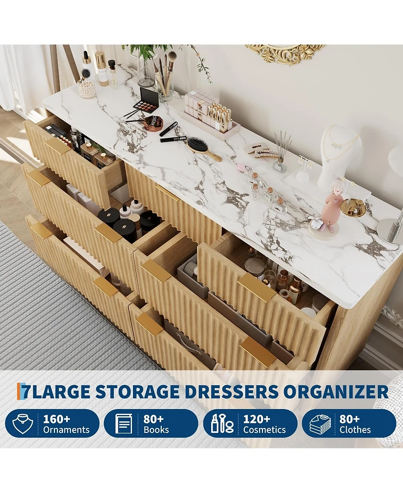 gaomon Fluted 7 Drawer Dresser with Curved Profile and Metal Handles, Mid-Century Wood Storage Chest