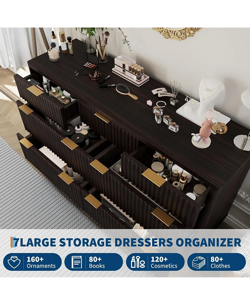 gaomon Fluted 7 Drawer Dresser with Curved Profile and Metal Handles, Mid-Century Wood Storage Chest