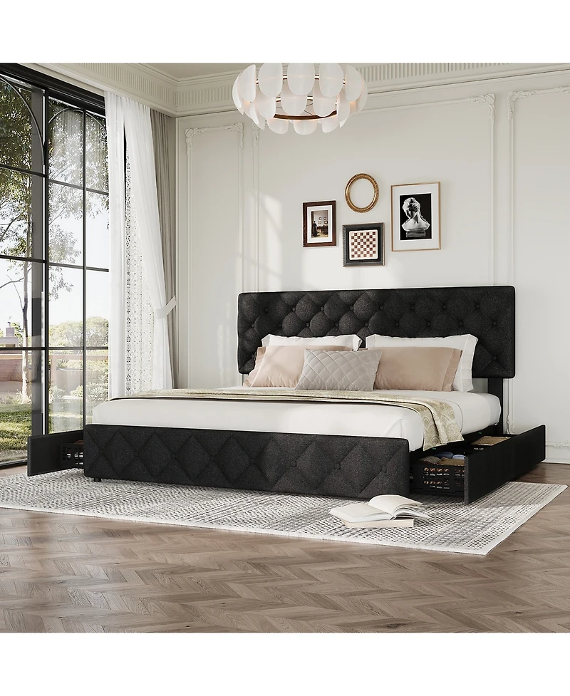 homfan Upholstered Platform Bed Frame with 4 Storage Drawers and Adjustable Diamond-Tufted Headboard