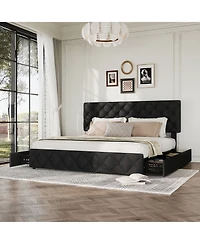 homfan Upholstered Platform Bed Frame with 4 Storage Drawers and Adjustable Diamond-Tufted Headboard
