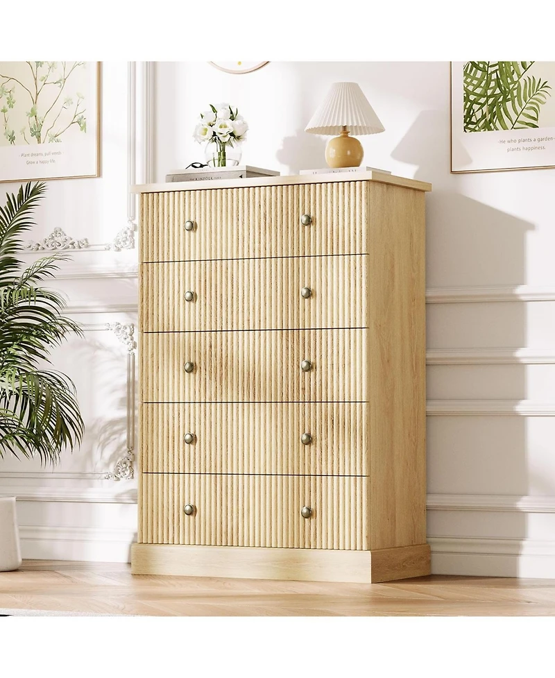 gaomon 5 Drawer Dresser for Bedroom, Tall Vertical Chest of Drawers, Fluted Wood Clothing Storage Small Spaces