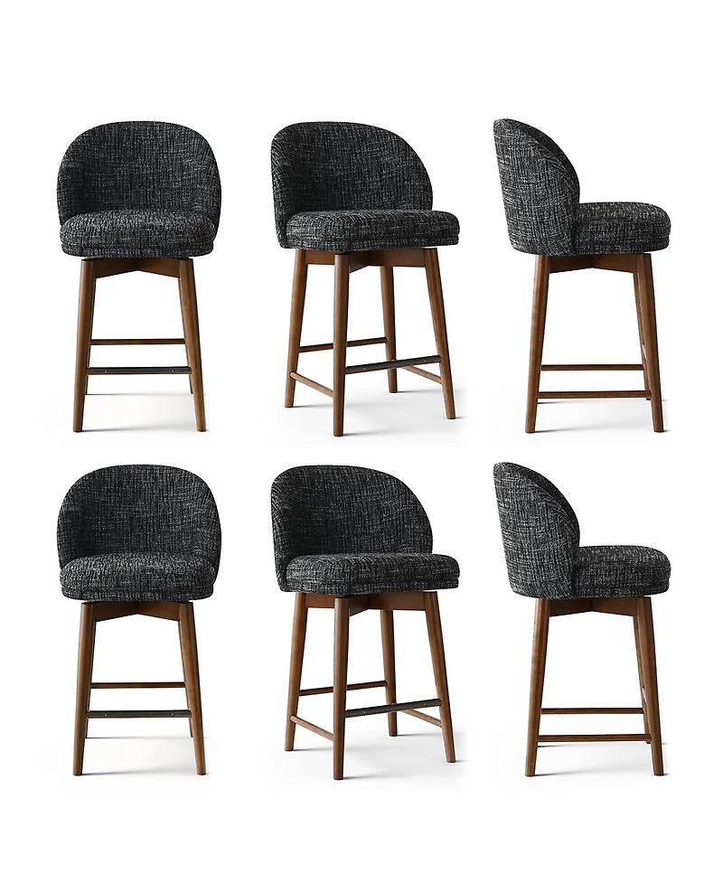 Maison Boucle Walnut Wood Swivel Counter Height Stools Set of 6, Chenille, Armless