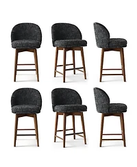 Maison Boucle Walnut Wood Swivel Counter Height Stools Set of 6, Chenille, Armless