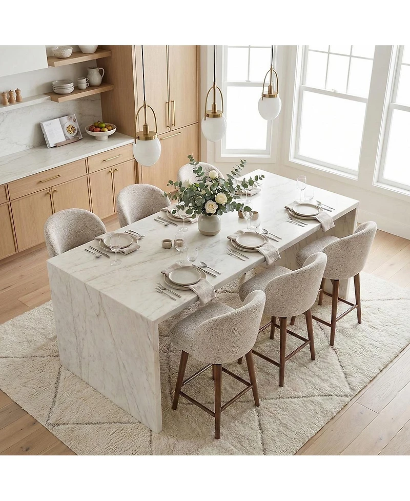 Maison Boucle Walnut Wood Swivel Counter Height Stools Set of 6, Chenille, Armless