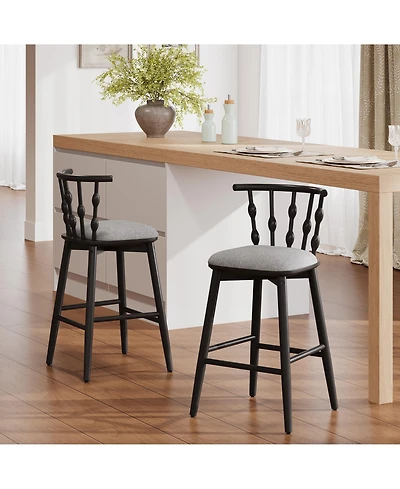 Rainsken Set of 2 Wooden Fabric Upholstered Counter Height Bar Stools with Hourglass Backrest and Footrest