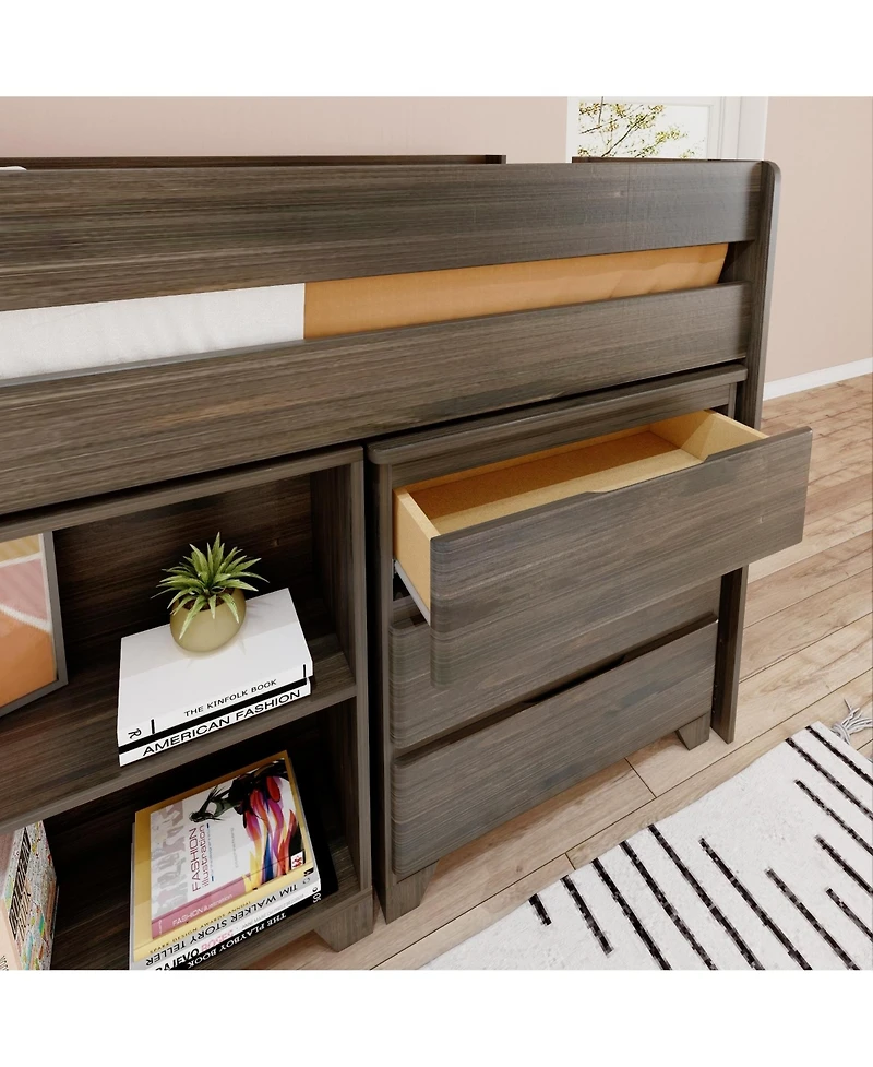 Max & Lily Modern Farmhouse Low Loft Bed, Twin Bed Frame for Kids with 3-Drawer Dresser, 2-Shelf Bookcase and Hook-on Desk