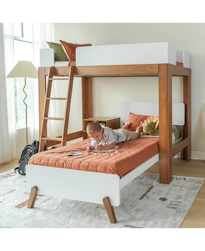 Max and Lily Mid-Century Modern Twin over L-Shaped Bunk Bed, Solid Wood, White/Pecan