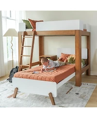 Max and Lily Mid-Century Modern Twin over L-Shaped Bunk Bed, Solid Wood, White/Pecan