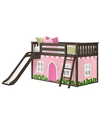 Max & Lily Low Bunk With Easy Slide and Light Pink White Farmhouse Curtain