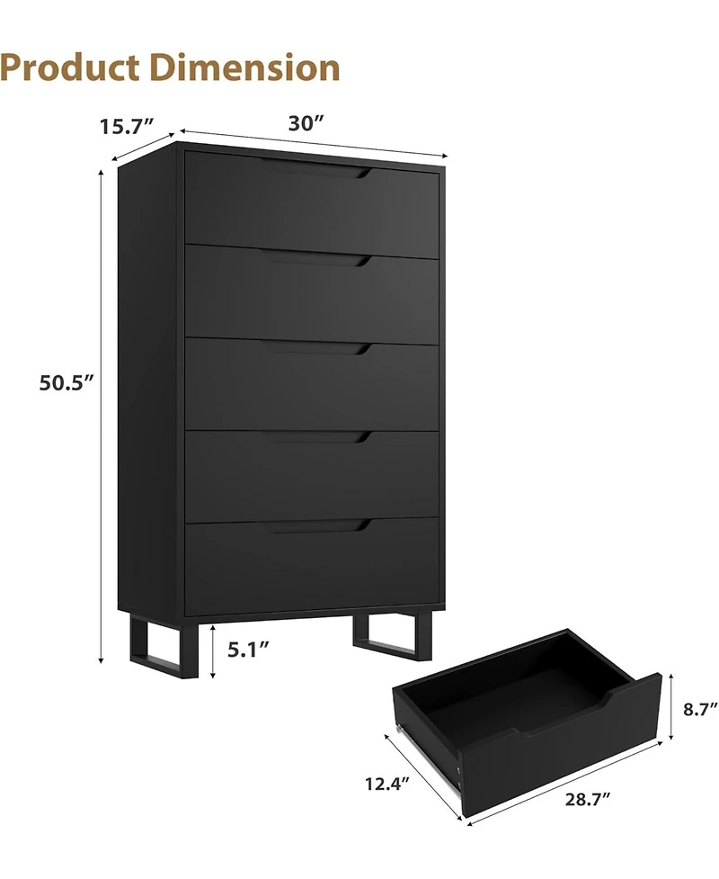 gaomon 5-Drawer Dresser for Bedroom, 50" Tall Freestanding Vertical Wooden Chest Storage