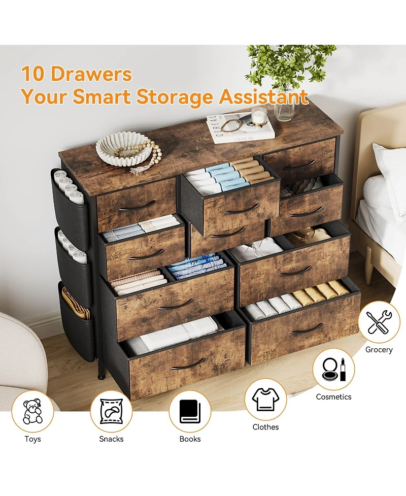 gaomon Fabric 10 Drawer Dresser with Metal Frame, Storage Organizer with Side Pockets and Hooks