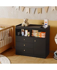 gaomon Nursery Dresser with Detachable Changing Top, Wooden Diaper Station Shelves and Cabinet